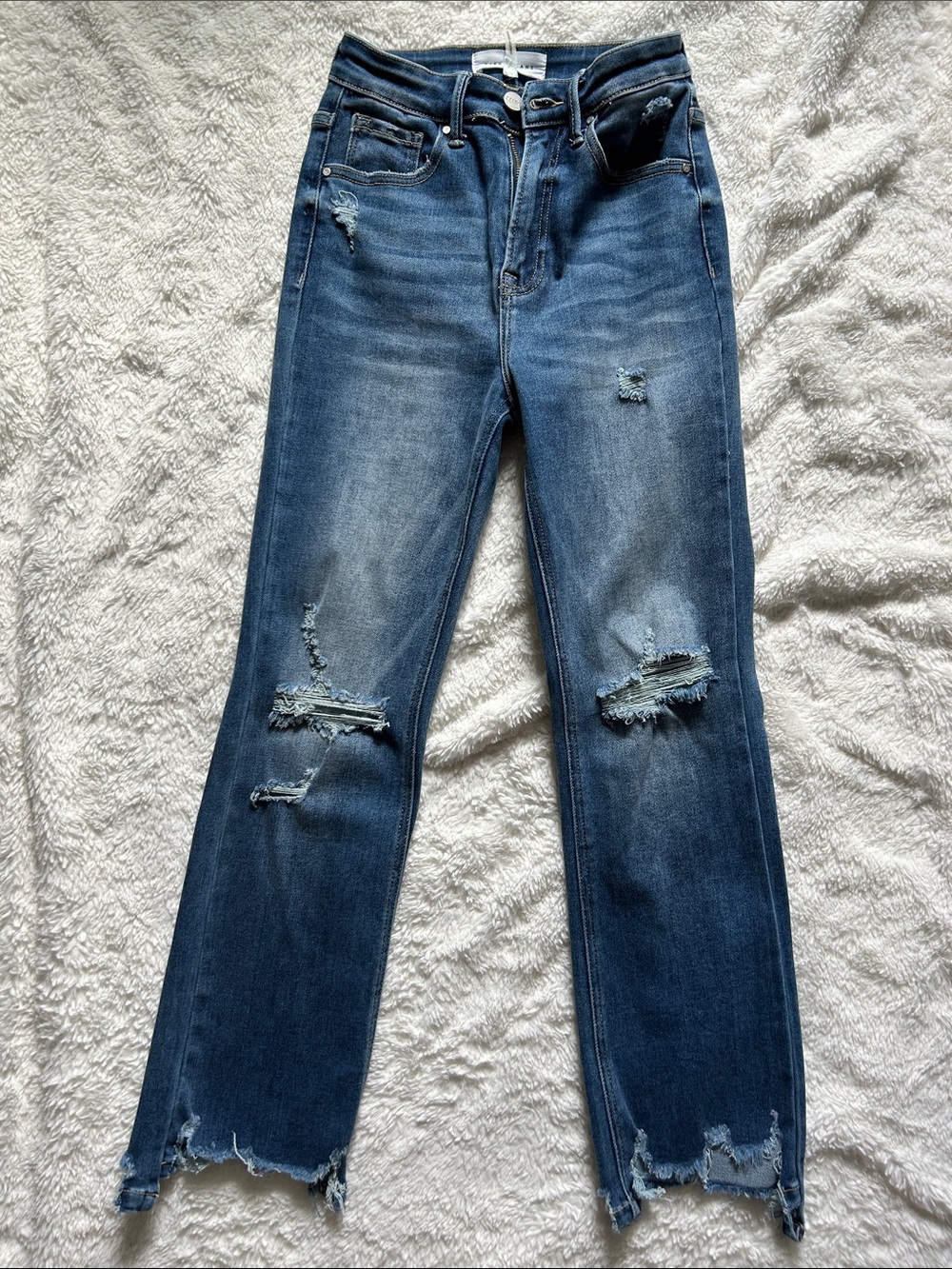 Distressed Straight-Leg Women’s Jeans in Dark Blue
